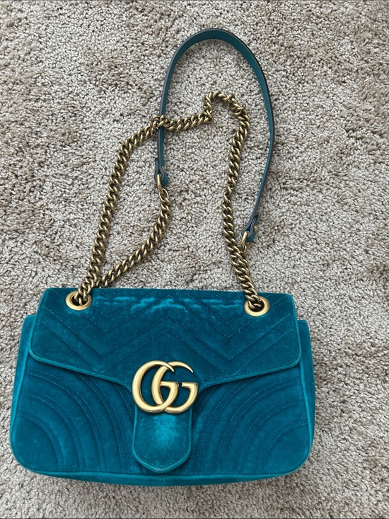 Gucci Handbags - Gucci Teal Velvet Marmont Shoulder Bag with Gold Hardware
